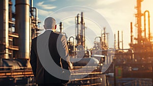 Businessman standing in front of the oil refinery in the city