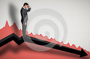 Businessman standing on a graph and looking down on the results