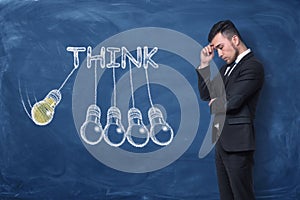 Businessman standing with hand on his forehead near word `think`