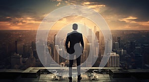 Businessman standing on high building with city background.