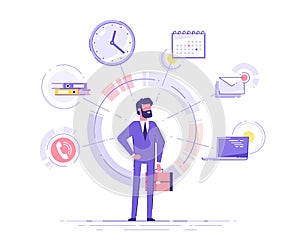 Businessman is standing and holding briefcase with office icons on the background. Multitasking and time management concept.