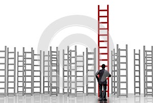 Businessman standing with ladder to success