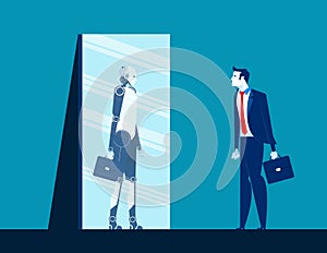 Businessman standing and looking body in mirror of robot reflection. Concept business vector illustration. Flat design style