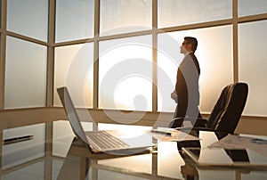 Businessman standing and looking out the window in the conference room