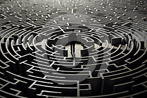 Businessman standing in the middle of a circular maze with a solution, A businessman walking in a labyrinth maze, AI Generated