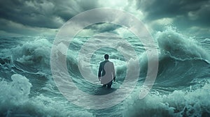 A businessman standing in the middle of stormy ocean waves, storm clouds overhead