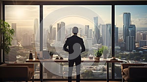 Businessman standing in modern office looking out window