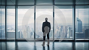 Businessman standing in modern office with panoramic window and city view photo