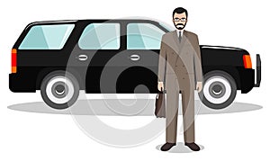 Businessman standing near the car on white background in flat style. Detailed illustration of automobile and man