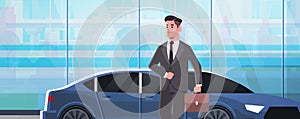 Businessman standing near luxury car man in suit holding suitcase going to work business concept flat portrait