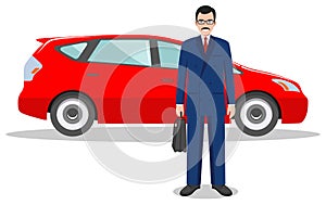 Businessman standing near the red car on white background in flat style.