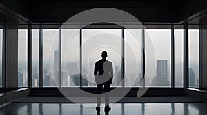 businessman standing in office with city view and looking out the window photo