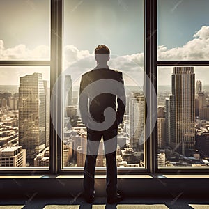 Businessman standing in office room, in front of big window, watch downtown below, AI generated