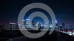 Businessman standing on open roof top balcony watching city night view . Business ambition and vision concept.