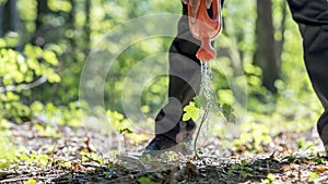 Businessman standing over a green plant in a forested area water