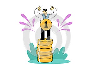 Businessman standing on pile of money with the first place award on his neck. Success, winner, achievement. Flat vector