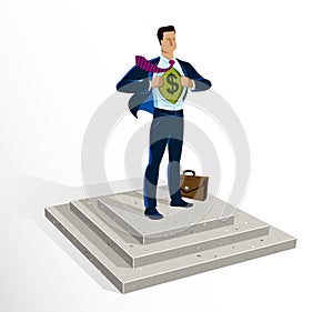 Businessman standing on podium vector illustration, success and career progress concept, leadership competition ambitions,