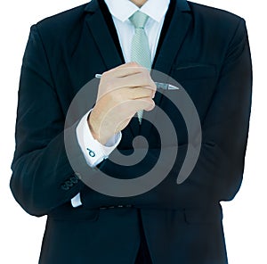Businessman standing posture hand hold a pen isolated