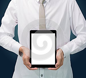 Businessman standing posture hand holding blank tablet