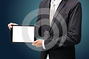 Businessman standing posture hand holding blank tablet isolated