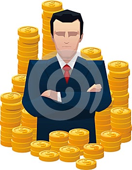 Businessman standing proud surrounded by golden coins