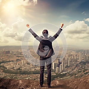 Businessman standing and raising arms on cliff with high mountain city background.