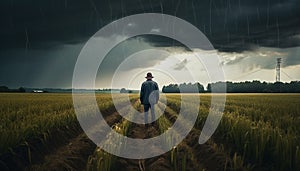 A businessman standing in a rural meadow, looking at the sunset generated by AI