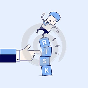 Businessman standing on shaky risk blocks by hand of manager. Cartoon character thin line style vector.