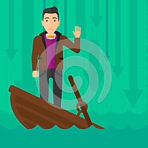 Businessman standing in sinking boat.