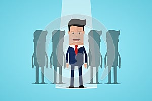 Businessman standing in spotlight. Recruitment and choosing best candidates. Human resources management, finding professional