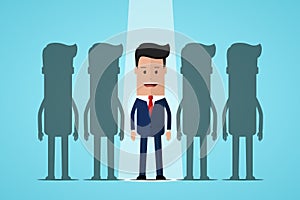 Businessman standing in spotlight. Recruitment and choosing best candidates. Human resources management, finding professional