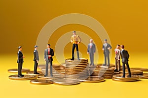 Businessman standing on a stack of coins with a group of businessmen standing around him