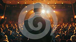 businessman standing on stage for motivation speech on conference or business event.