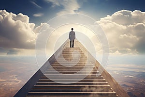 Businessman standing on stairway leading up to sky. Success concept, A businessman on the peak of a pyramid looking off into the