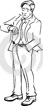 Businessman is standing and take a look on his watch outline drawing  illustration