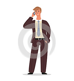 Businessman is standing and talking on the phone. Office worker is conversation on a smartphone. Business man character
