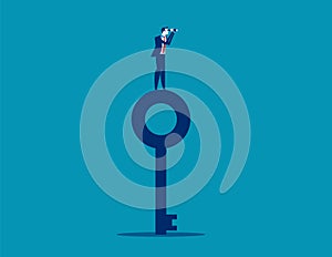 Businessman standing on top key and looking through telescope. Concept business vector illustration