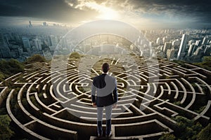 Businessman standing on top of a labyrinth and looking at the city, Businessman standing on top of a maze looking at the way to