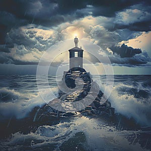 a businessman standing at the top of a lighthouse shaped like a house, shining a light across a stormy sea, guiding ships safely,