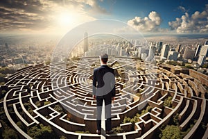 Businessman standing on top of a maze and looking at the city, Businessman standing on top of a maze, looking at the way to