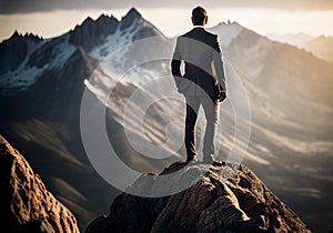 businessman standing on top of a mountain, looking down at the world below (AI Generated)