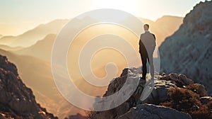 Businessman standing on the top of the mountain looking at the valley, Business success concept, Back view shot