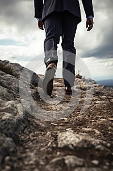 Businessman is standing on the top of the mountain for successful career concept.