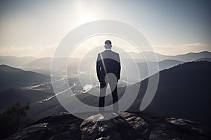 Businessman standing on top mounten by Generated AI