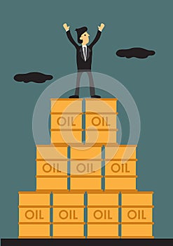 Businessman Standing on Top of Stack of Oil Barrels Cartoon Vector Illustration