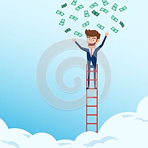 Businessman standing on top of stair and get money from light bulb idea. Stair step to success concept.