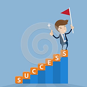 Businessman standing on top of success stairway with flag of vi