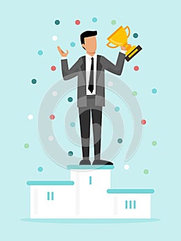Businessman standing on the winning podium holding up golden cup vector illustration. Business man win the competition