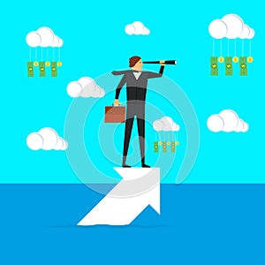 A businessman stands on the arrow and looks through the spyglass. Business concept, achievement, character, leader. Vector.