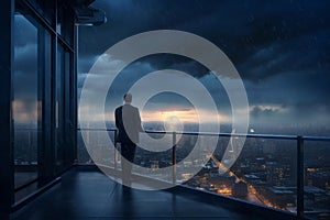 A businessman stands on a balcony in a moonlit night looking towards the horizon, with a storm coming in